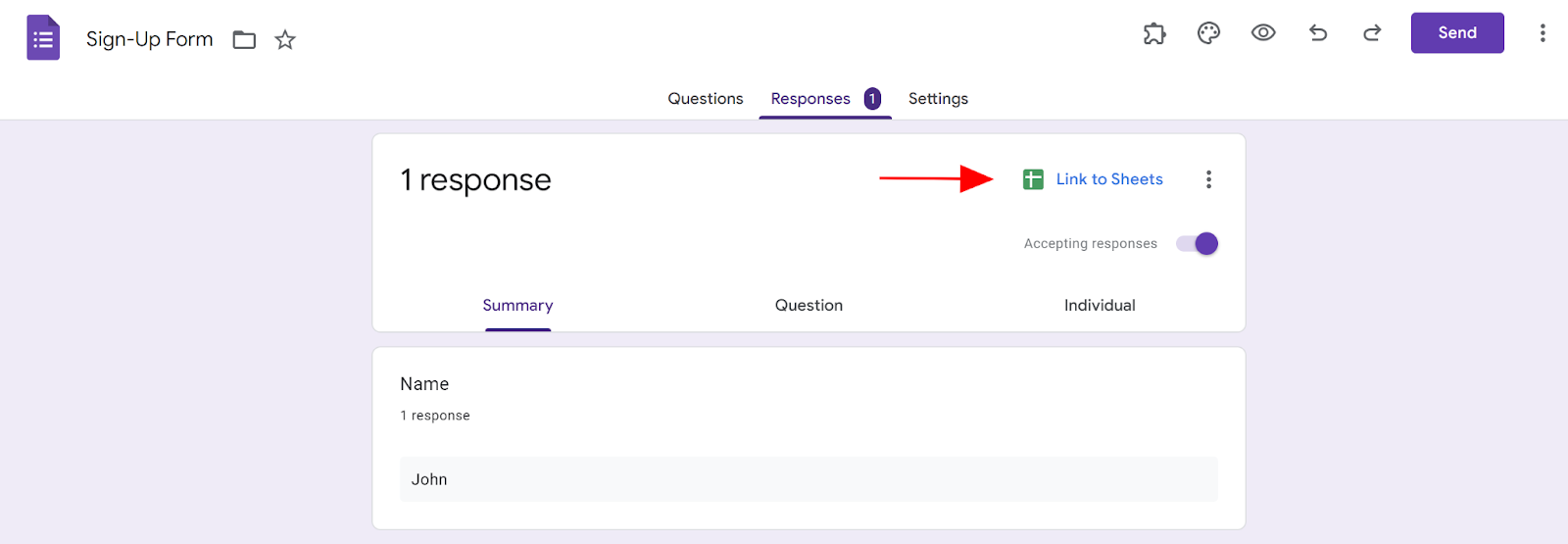 Screenshot of a Google Forms form with an arrow pointing to the "Link to Sheets" button in the "Responses" tab