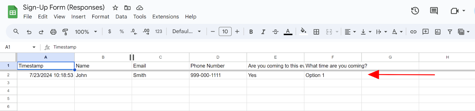 Screenshot of a Google Sheets spreadsheet with an arrow pointing to a response