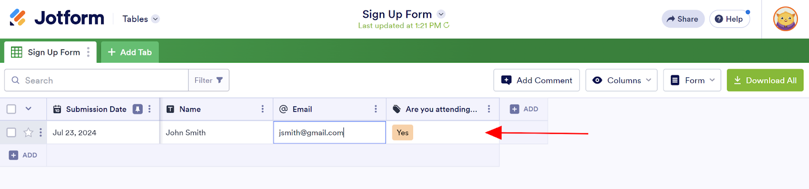 Screenshot of a Jotform Tables spreadsheet with an arrow pointing to a response