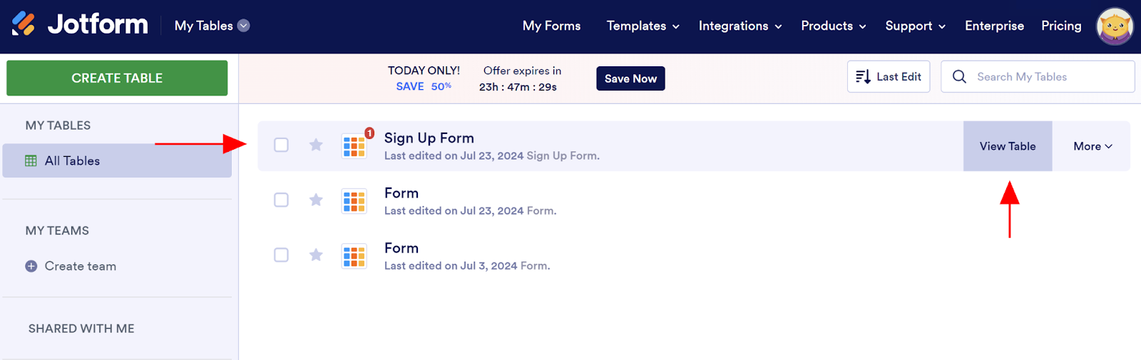 Screenshot of the Jotform Tables homepage with an arrow pointing to a table labeled "Sign Up Form" and the "View Table" button