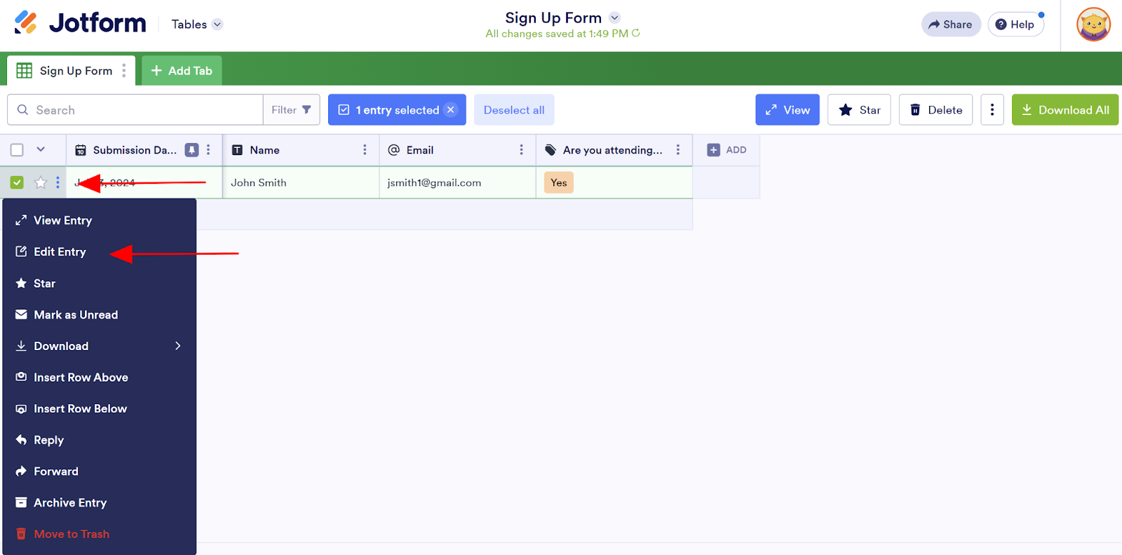 Screenshot of a Jotform Tables spreadsheet with an arrow pointing to the three vertical dot menu button and the "Edit Entry" option
