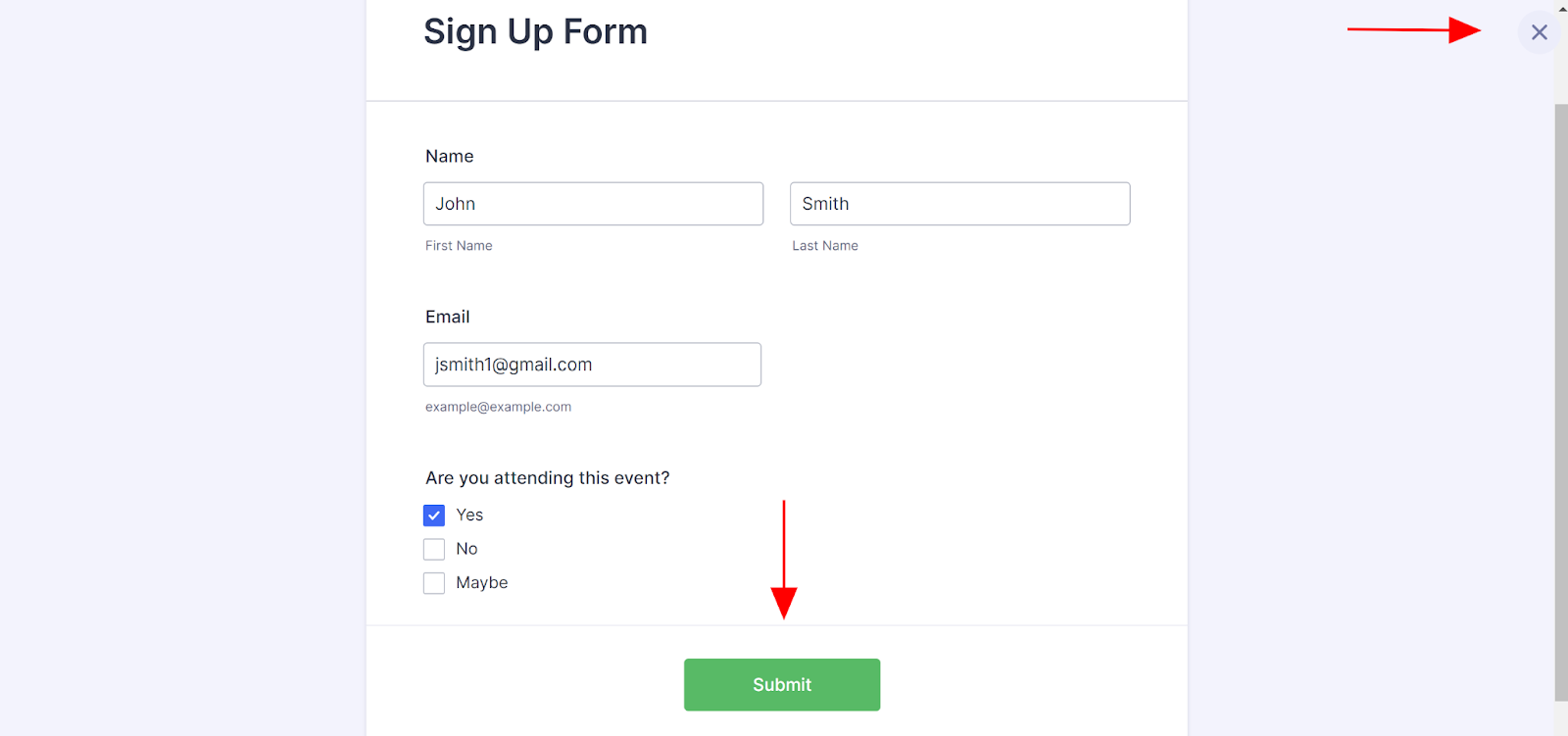 Screenshot of a Jotform form that’s being updated with an arrow pointing to the "Submit" button and the "X" cancel button