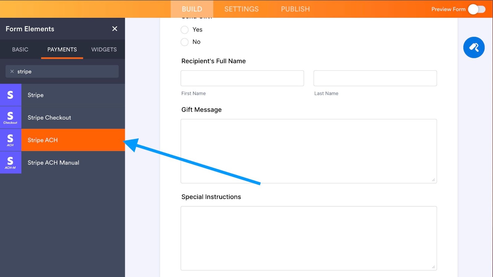Screenshot of a Jotform form with payments in Form Elements open