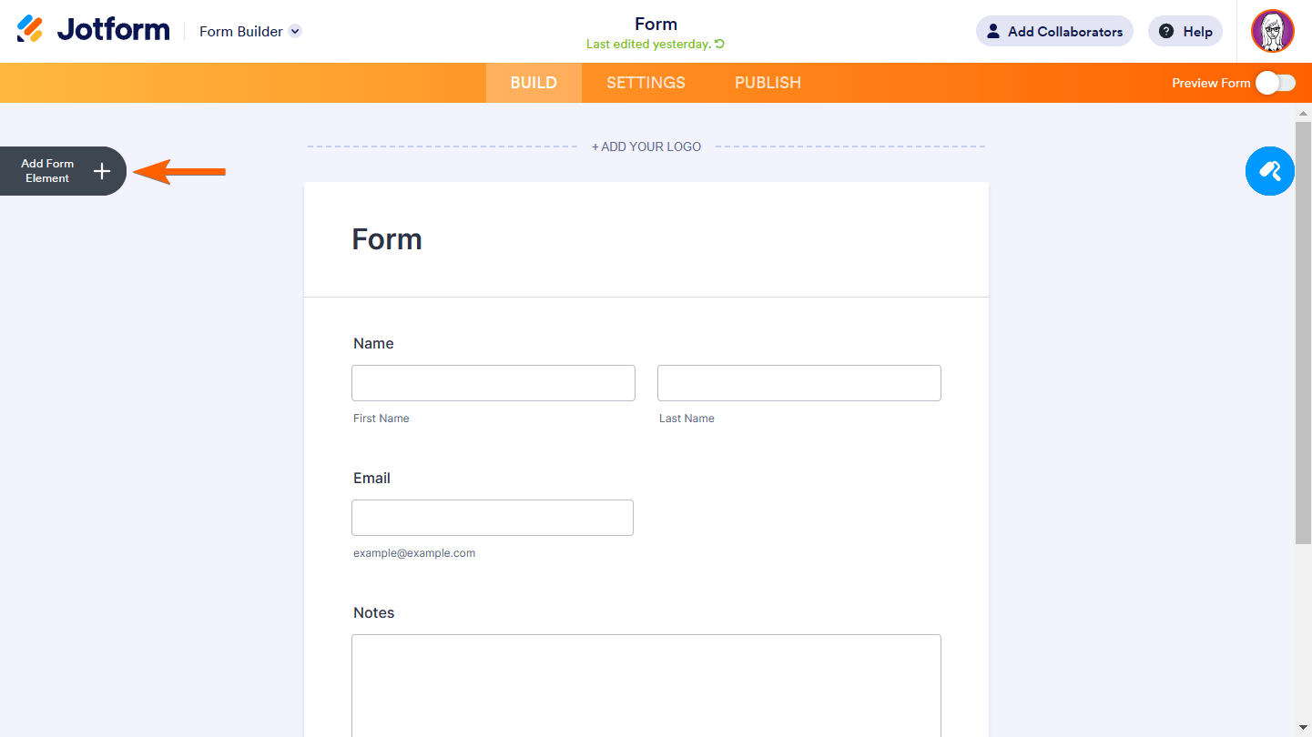 Jotform’s Form Builder with an arrow pointing to the Add Form Element button
