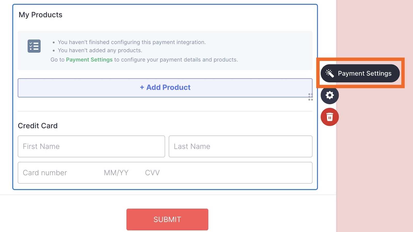 A screenshot of the Square element in the form with a box around the Payment Settings button