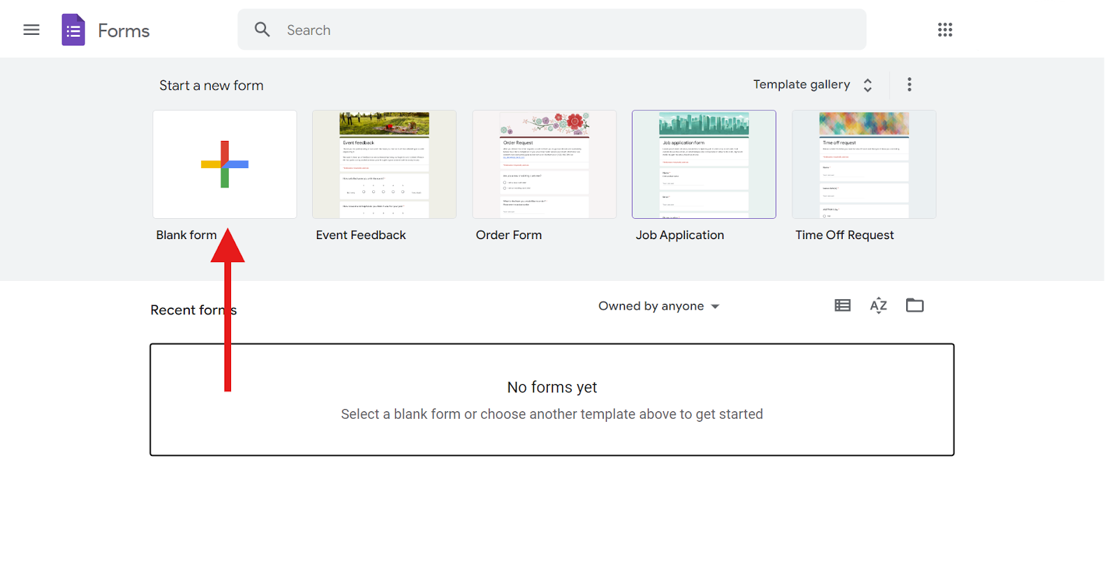 Screenshot of Google Forms’ homepage with an arrow pointing to the Blank form button