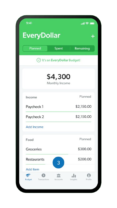 User Interface of EveryDollar