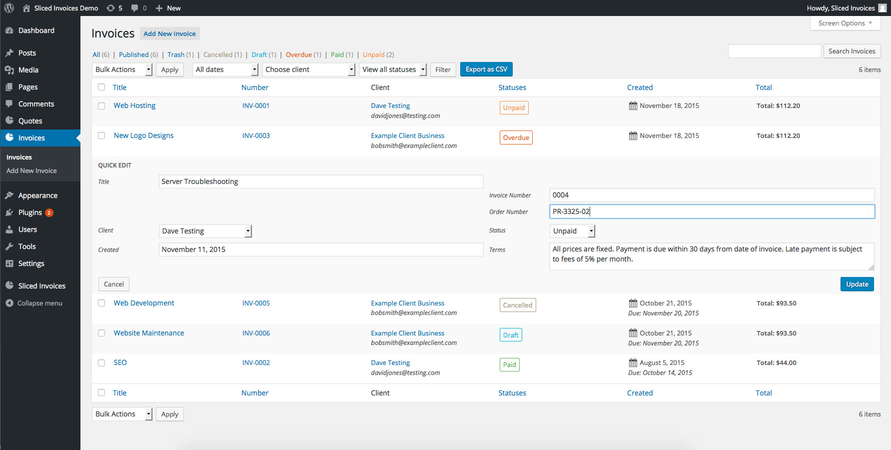 User Interface of SlicedInvoices