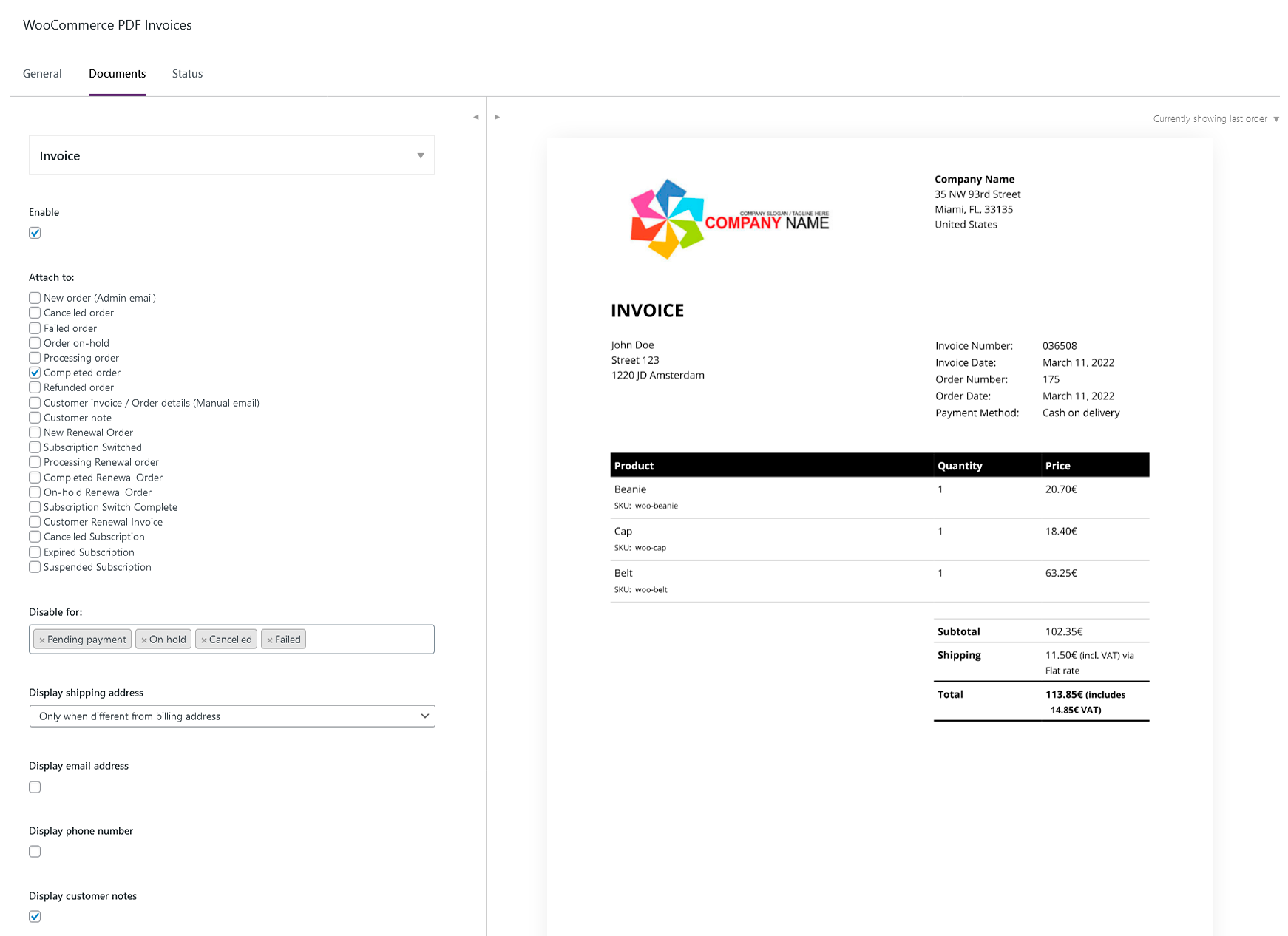 User Interface of WooCommerce PDF Invoices and Packing Slips