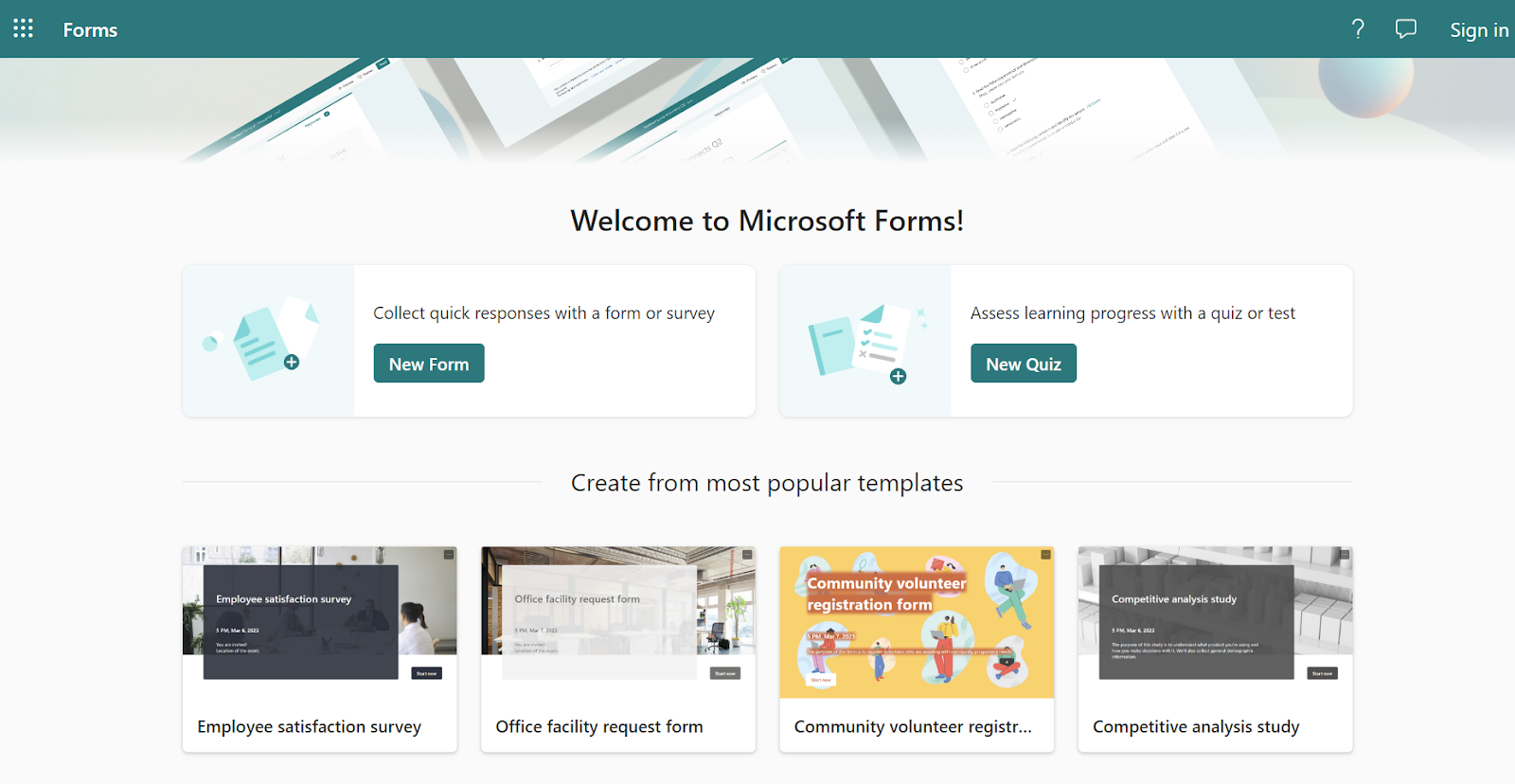 Microsoft Form’s Homepage