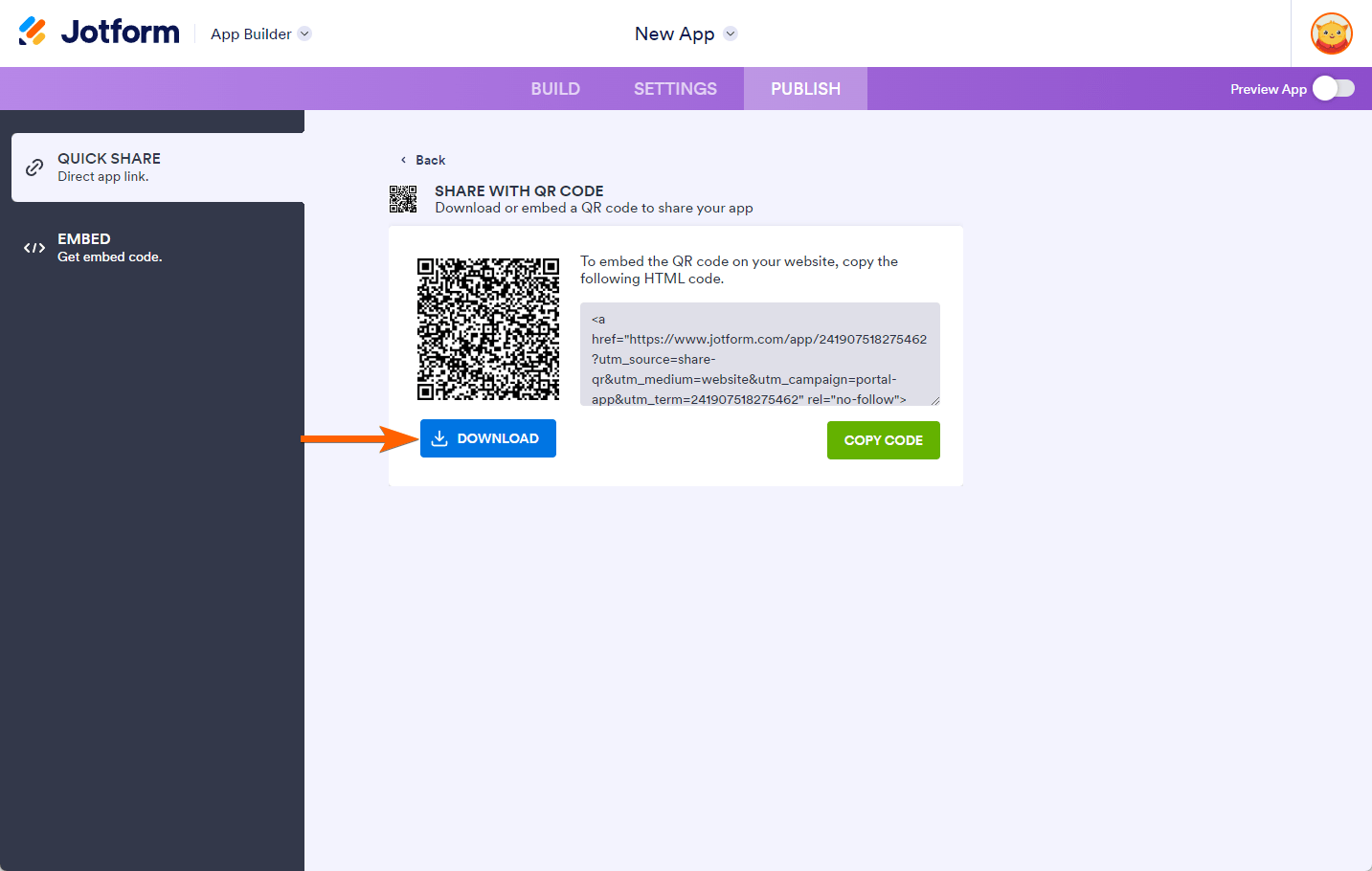 Share with QR Code window in the Publish tab of the Jotform App Builder with the buttons to Download and Copy Code