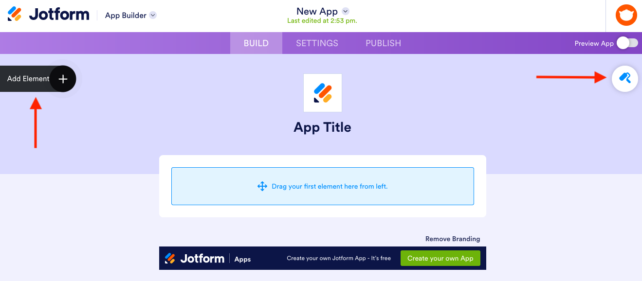 Highlighting the "Add Element" Button and "Paint Roller" Icon in Jotform App Builder