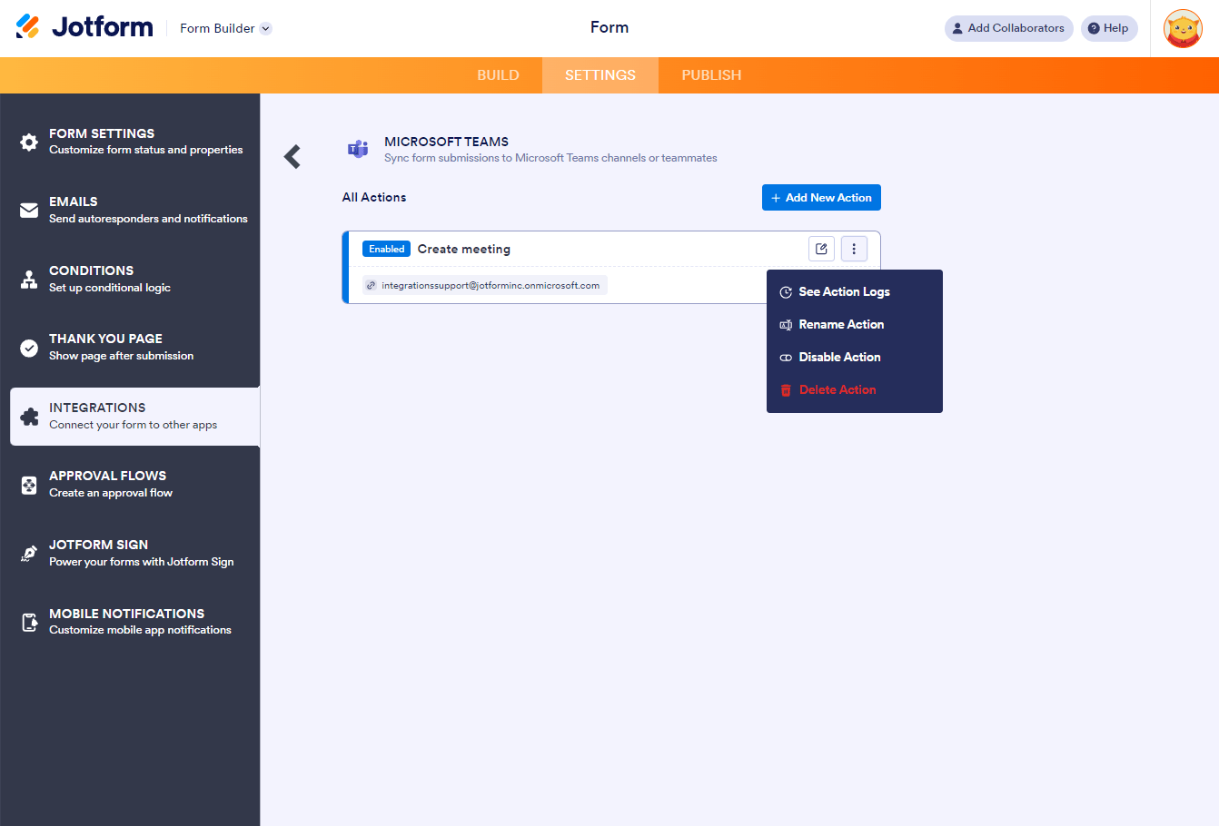 List of actions created in Microsoft Teams integration