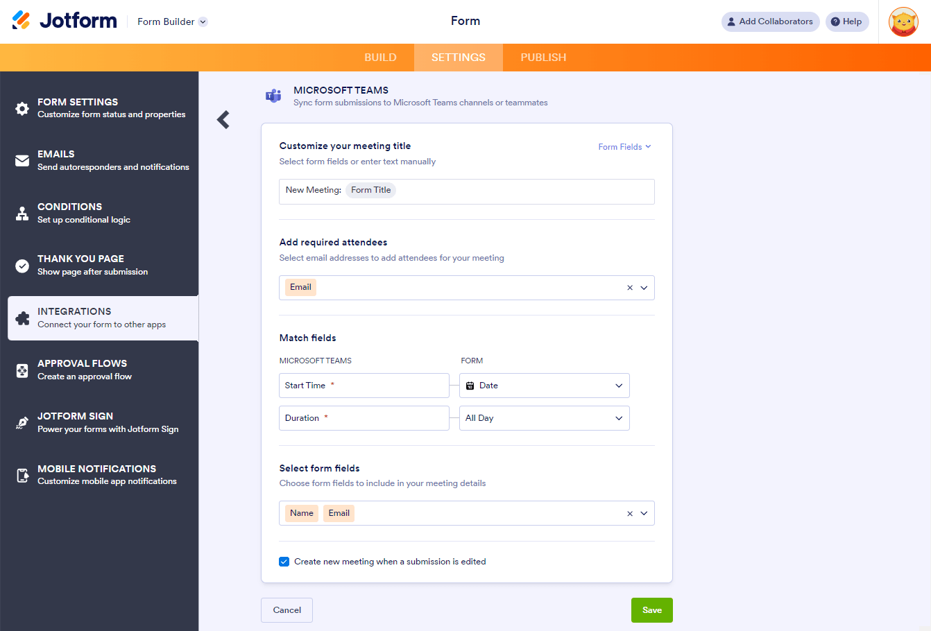 Microsoft Teams integration settings with the options to enter the meeting title, add attendees, match fields and select form fields