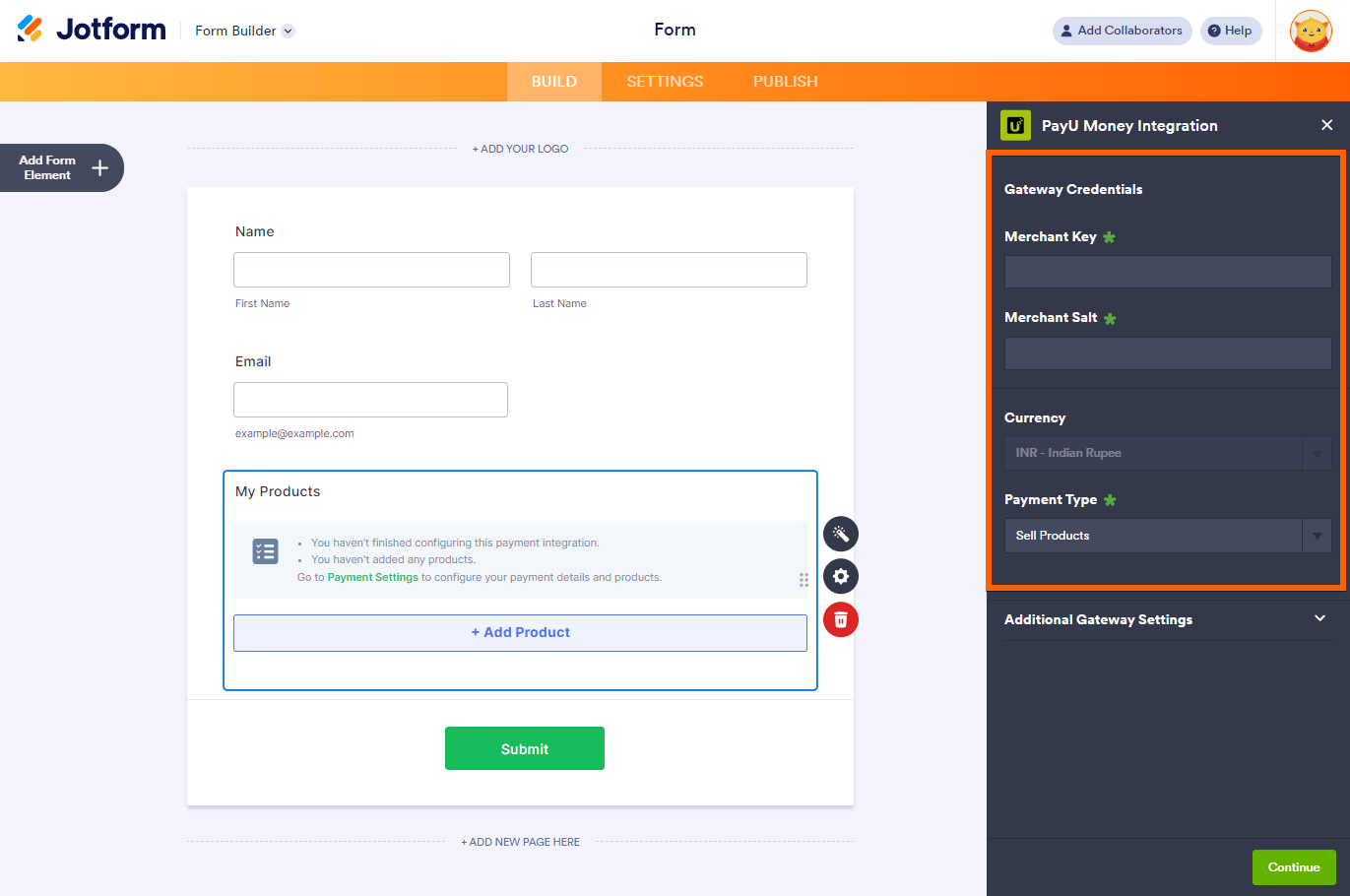 Clave del Comerciante, Sal del Comerciante, Moneda y Tipo de Pago en la configuración de integración de PayU Money