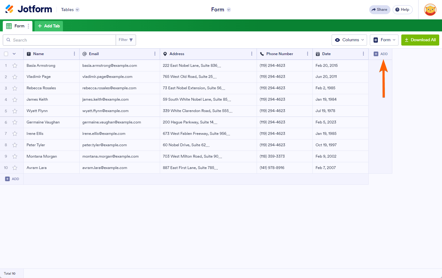 Add button in Jotform Tables to add new column