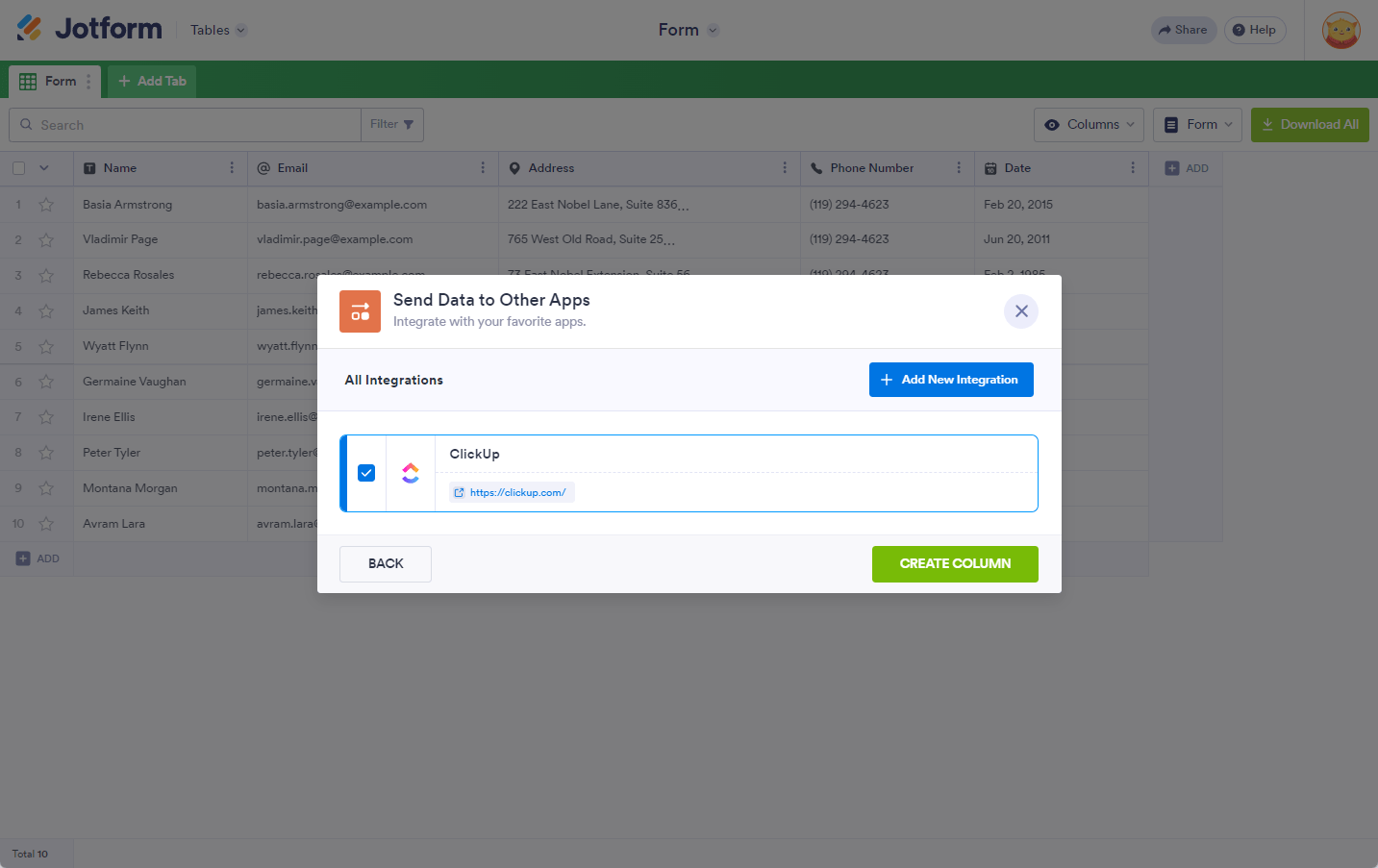 Select ClickUp Integration when adding a Send Data to Other Apps column in Jotform Tables