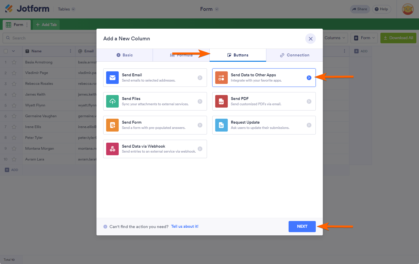 Send Data to Other Apps in Button section in Jotform Tables