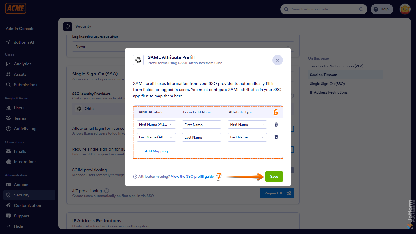 SAML Attribute Prefill window showing attribute mapping fields and Save button in Jotform