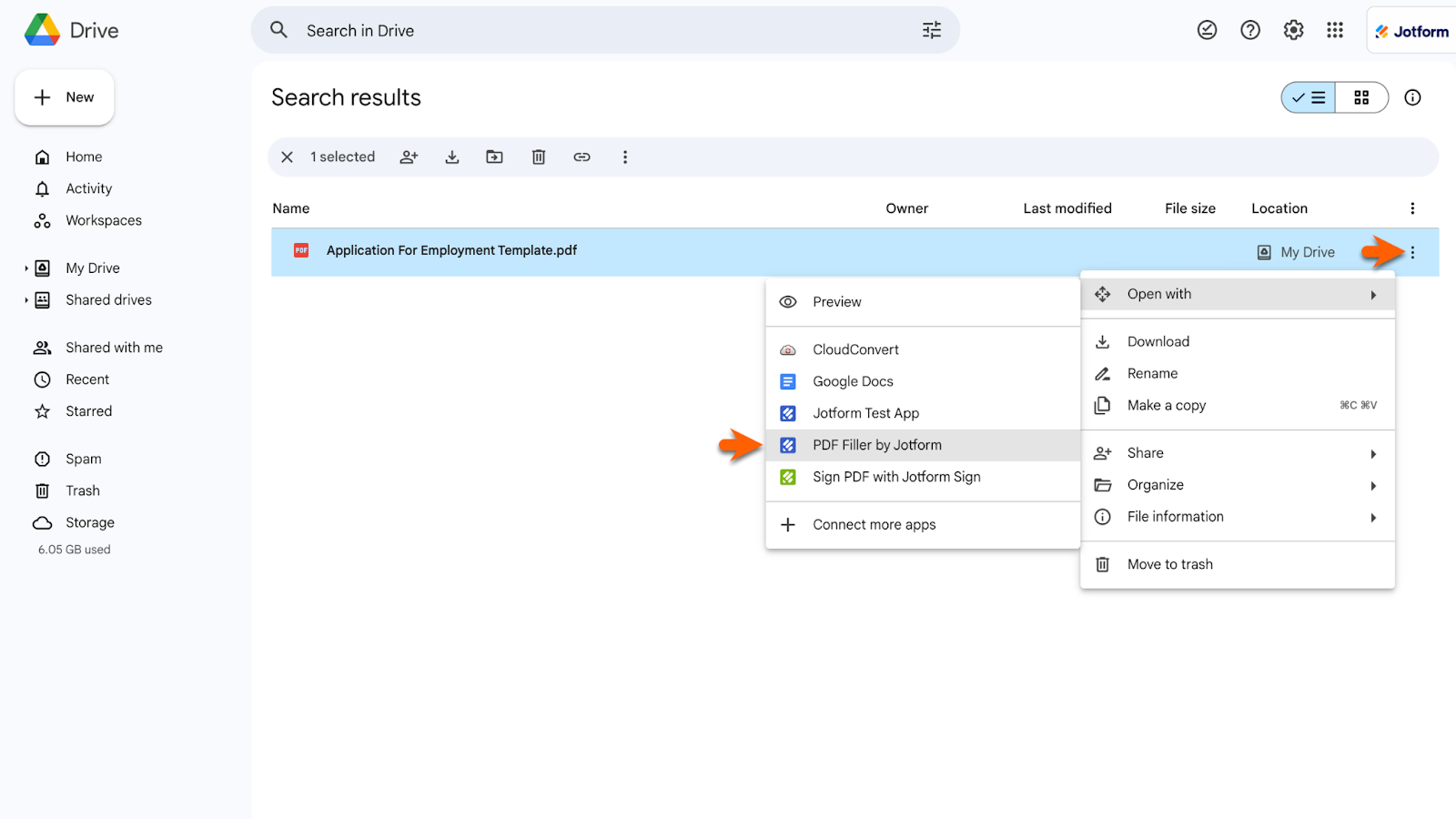 Clicking on the Three Dot Icon in Google Drive and Opening PDF Filler by Jotform