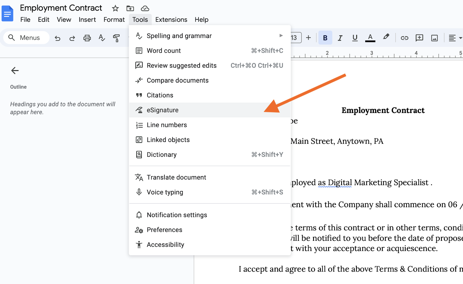 Selecting eSignature from the Tools menu in Google Docs