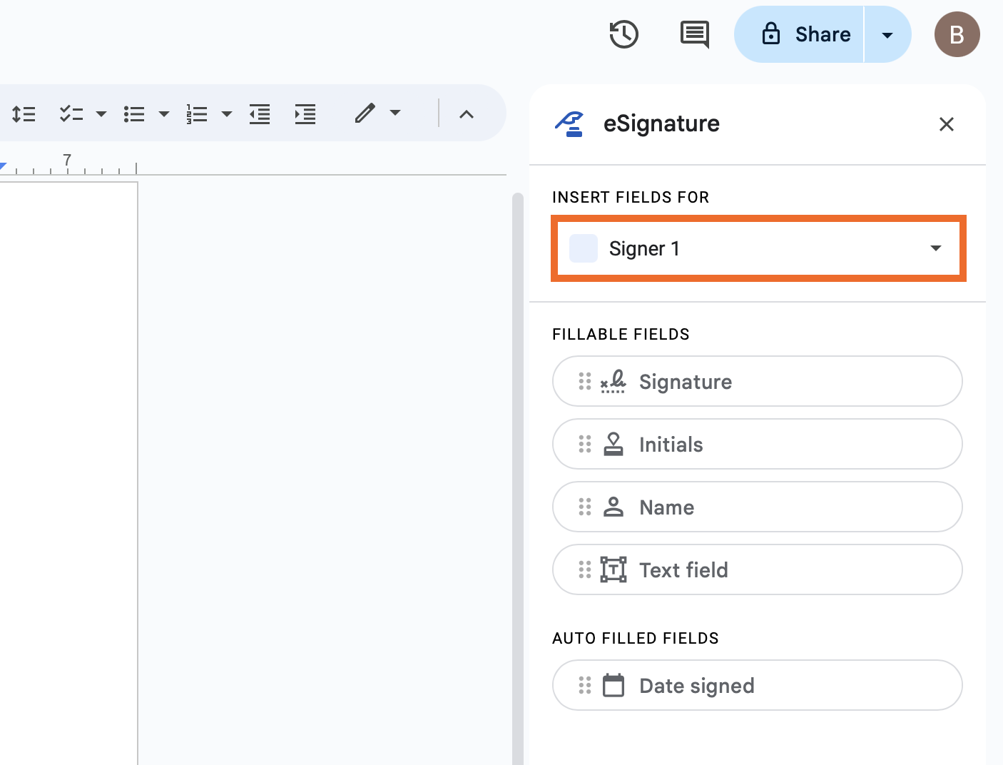 Choosing the Signer 1 under the eSignature field in Google Docs