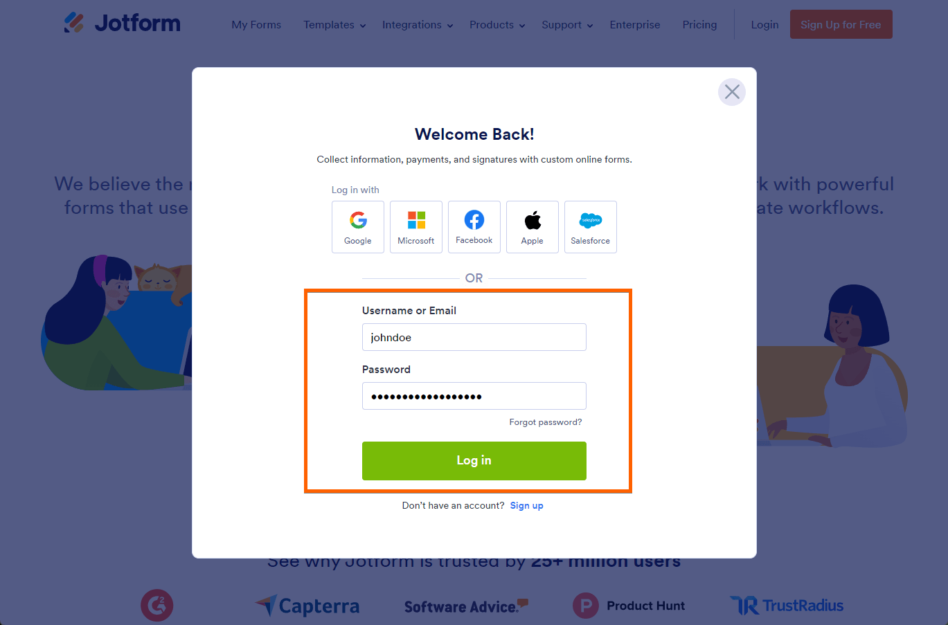 Login screen of Jotform