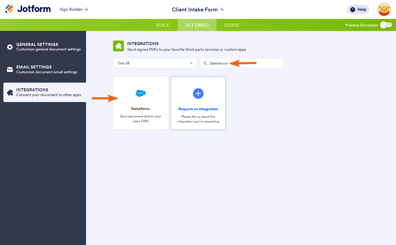 Salesforce integration option in the Jotform Sign Builder
