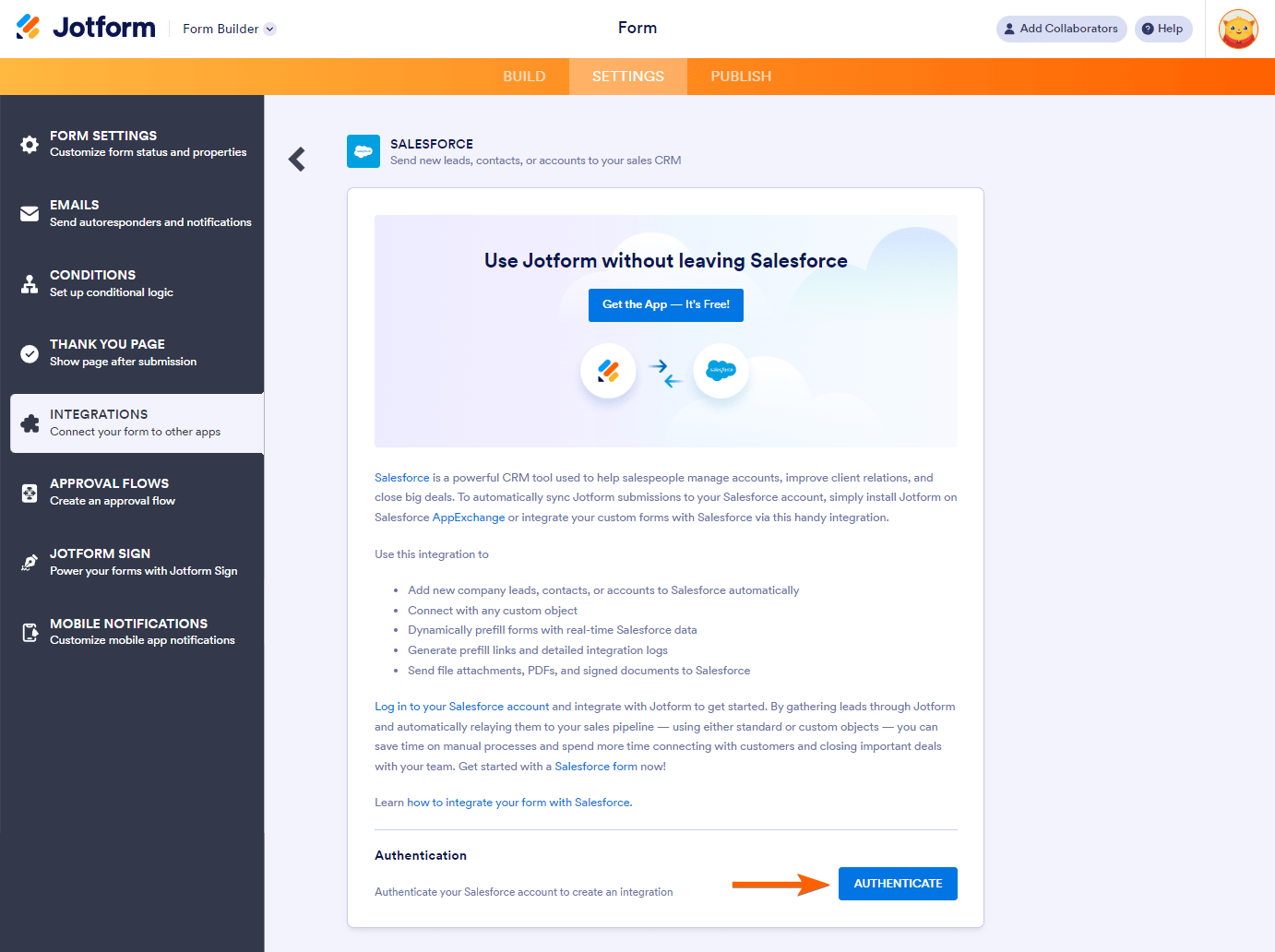 Authenticate button in the Salesforce integration with Jotform