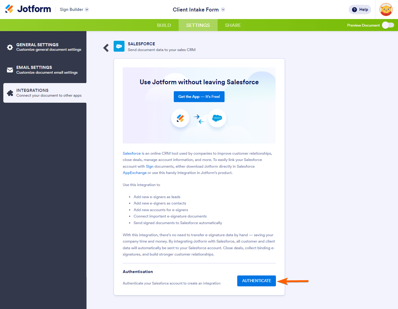 Authenticate button in the Salesforce integration settings in Jotform Sign Builder