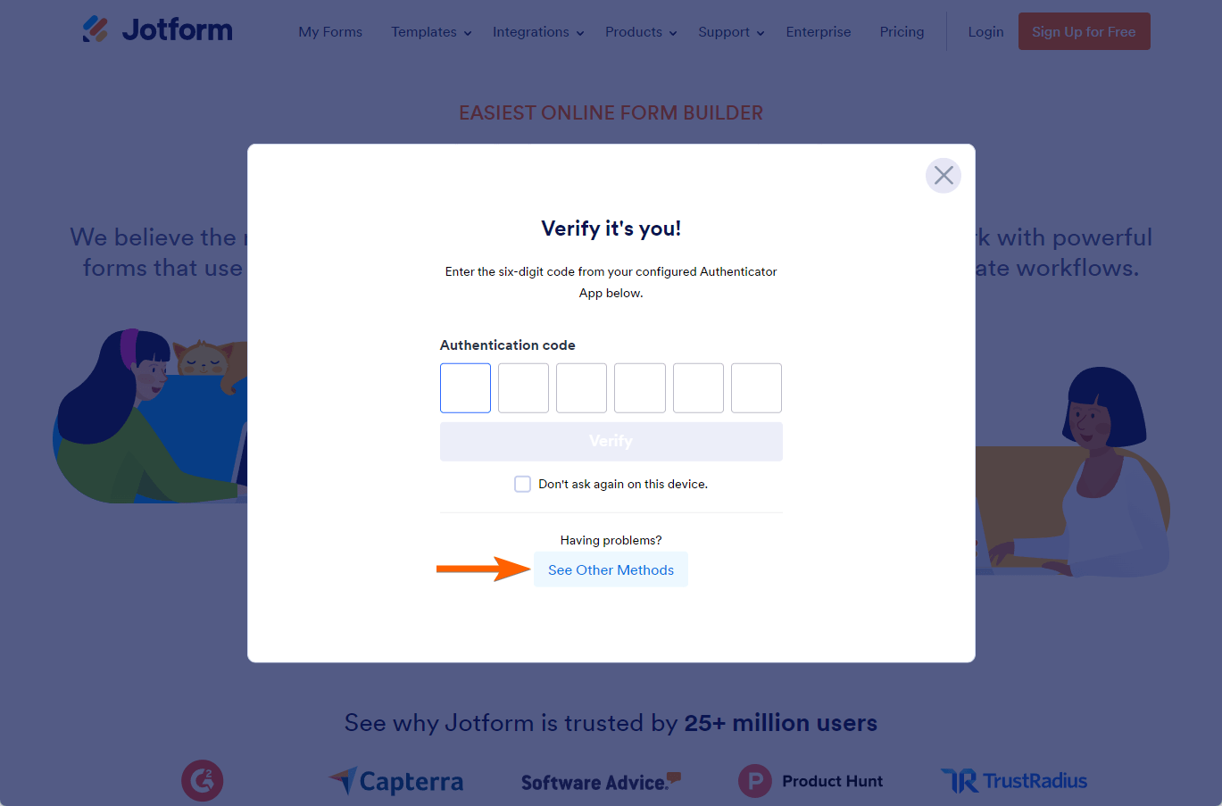 See Other Methods in the 2FA verification of Jotform