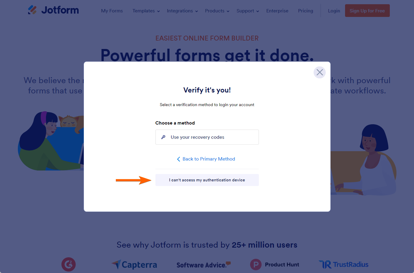 "I can't access my authentication device" option in the 2FA verification of Jotform