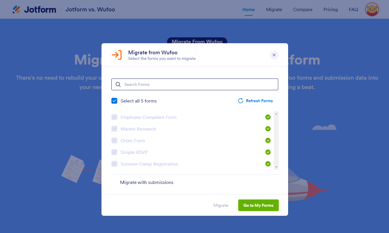 Migrated forms screen in the Wufoo to Jotform Import Tool