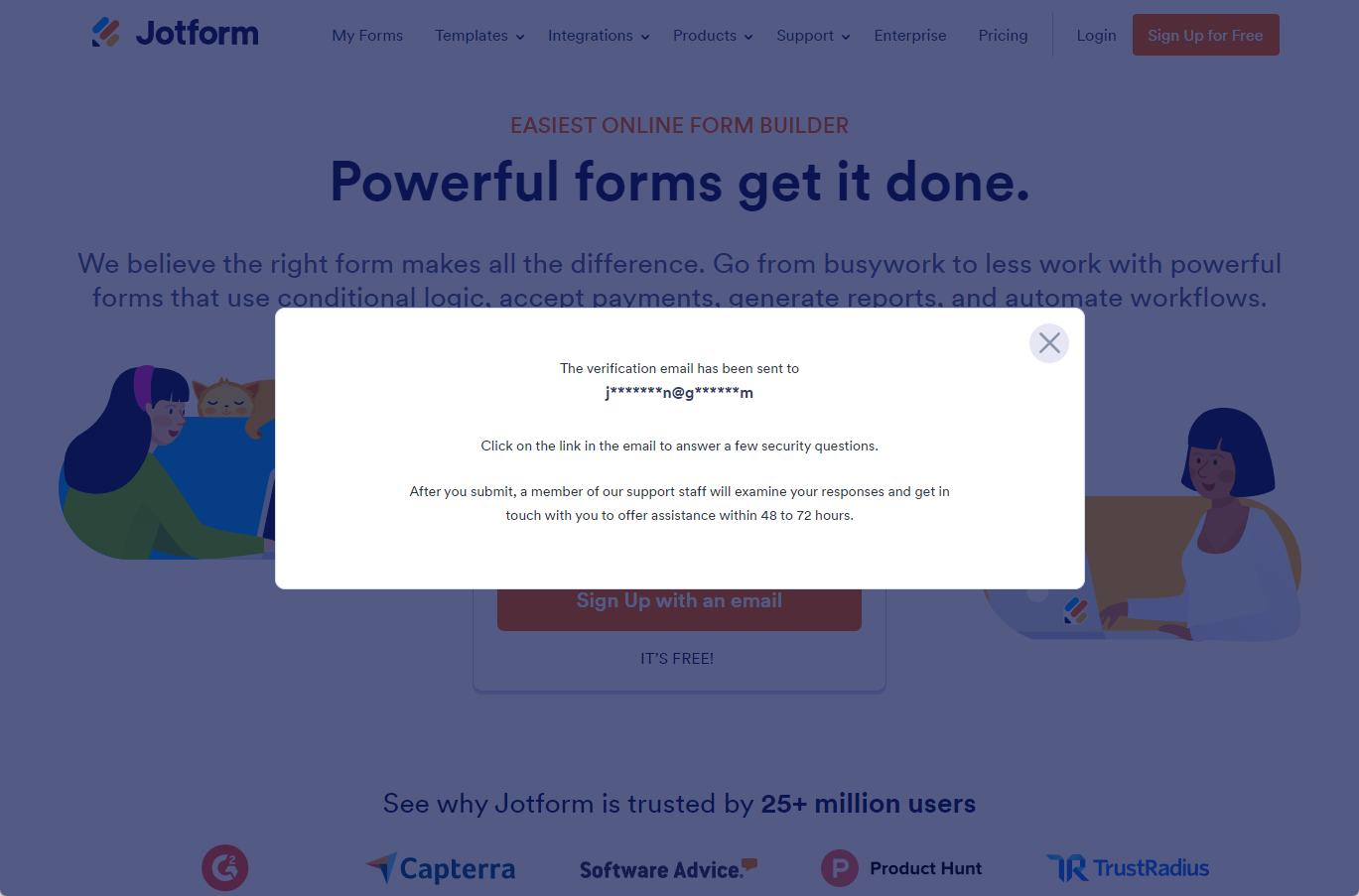 Confirmation message of the 2FA recovery flow in Jotform
