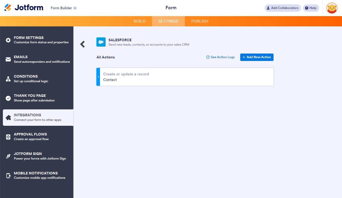 All Actions section of the Salesforce integration with Jotform