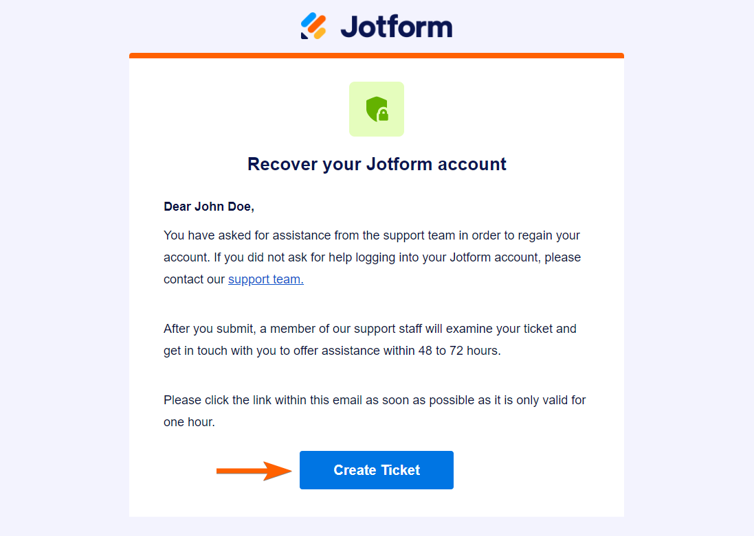 2FA recovery email from Jotform with the button to Create a Ticket