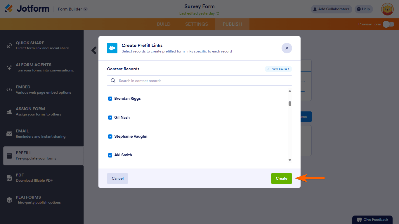 The Create button in Salesforce Prefill Create Prefill Links dialog