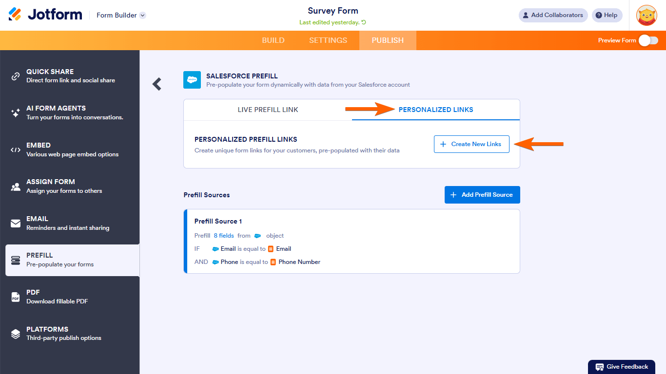 The Create New Links button in Jotform Salesforce Prefill