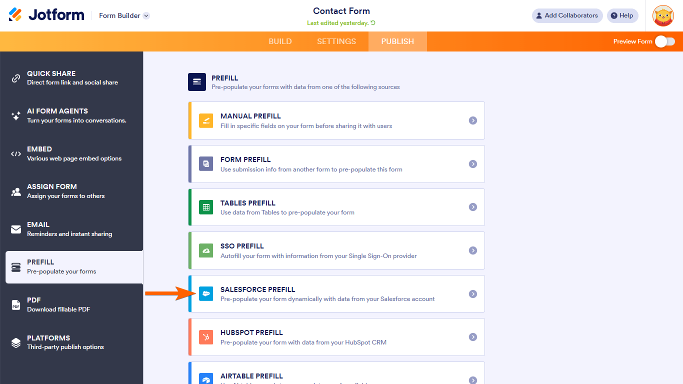 The Salesforce Prefill option in the Form Builder Publish tab