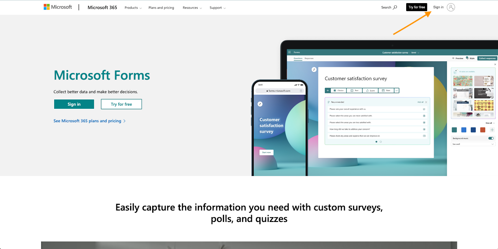 Clicking on the Sign in Button in Microsoft Forms Landing Page