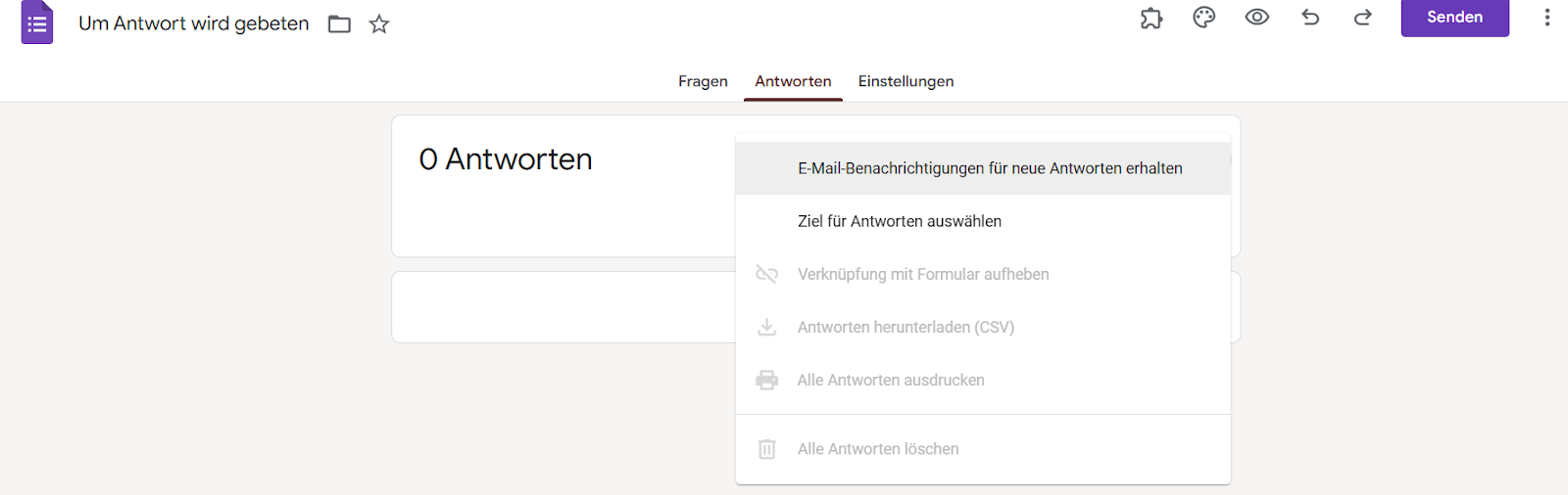 Auswahl der Option E-Mail-Benachrichtigungen für neue Antworten erhalten auf der Registerkarte Antworten in Google Formulare