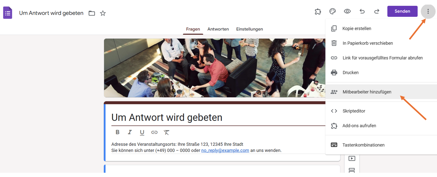 Klicken Sie auf das Drei-Punkte-Menü und dann auf die Option Mitbearbeiter hinzufügen; in Google Formulare