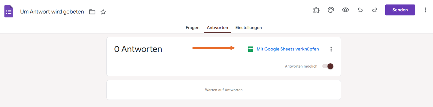 Klicken Sie auf die Option Mit Google Sheets verknüpfen auf der Registerkarte Antworten in Google Formulare