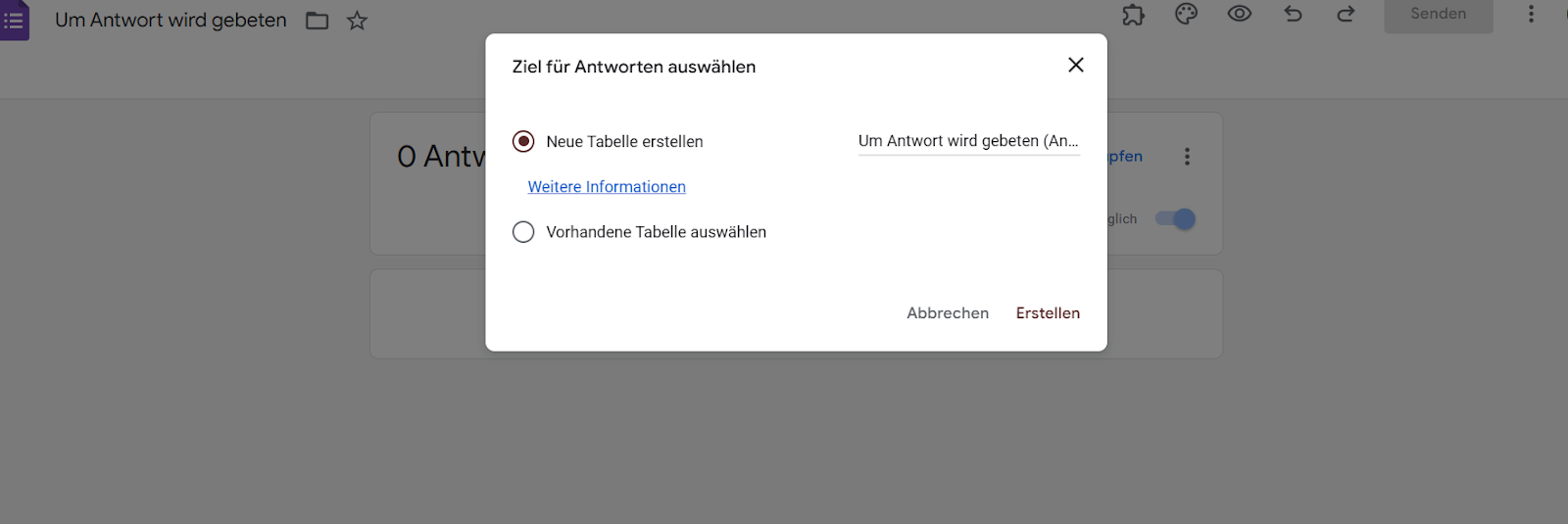 Auswählen der Tabelle als Ziel für die Antworten in Google Formulare
