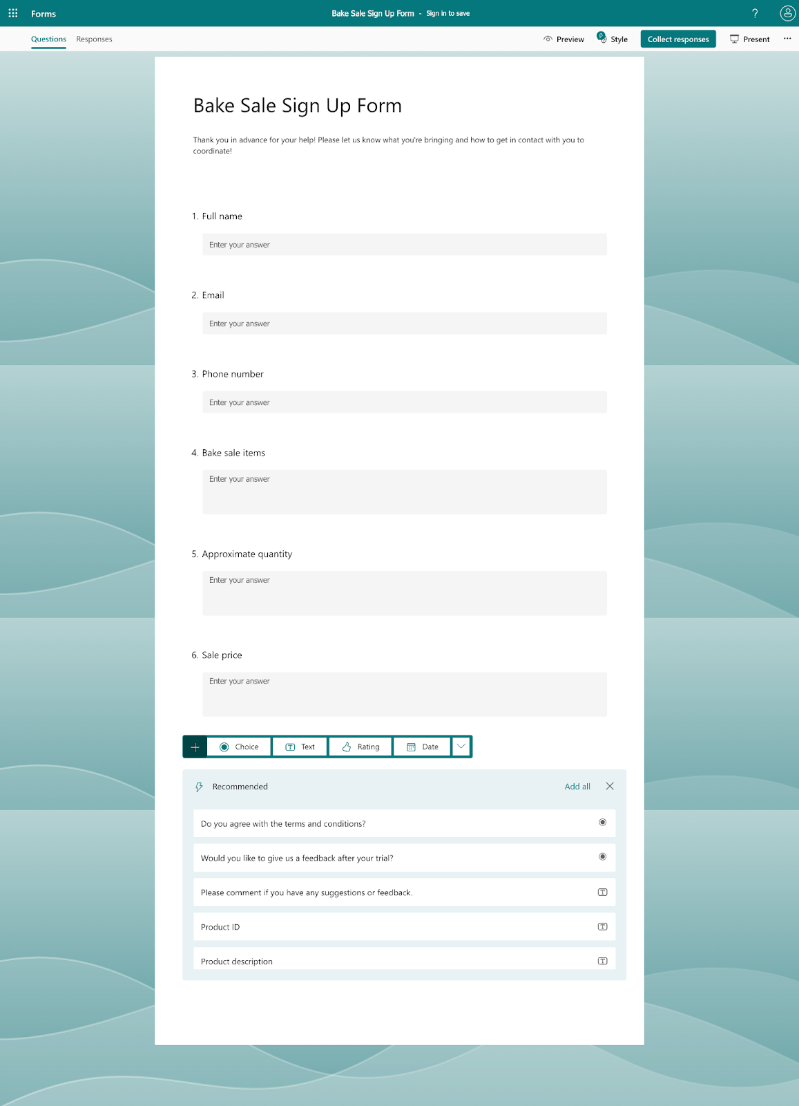 Finished Signup Sheet Form in Microsoft Forms