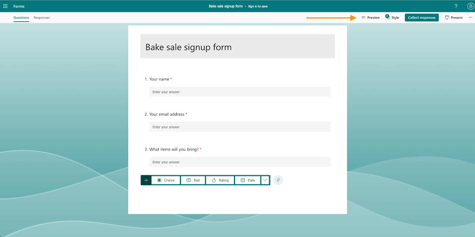 Clicking on the Preview Button in Microsoft Forms