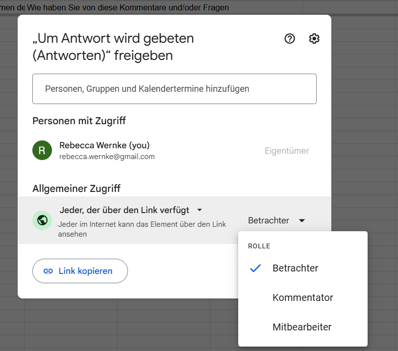 Einstellen der Berechtigung von Einzelpersonen aus dem Abschnitt Allgemeiner Zugriff in Google Formulare