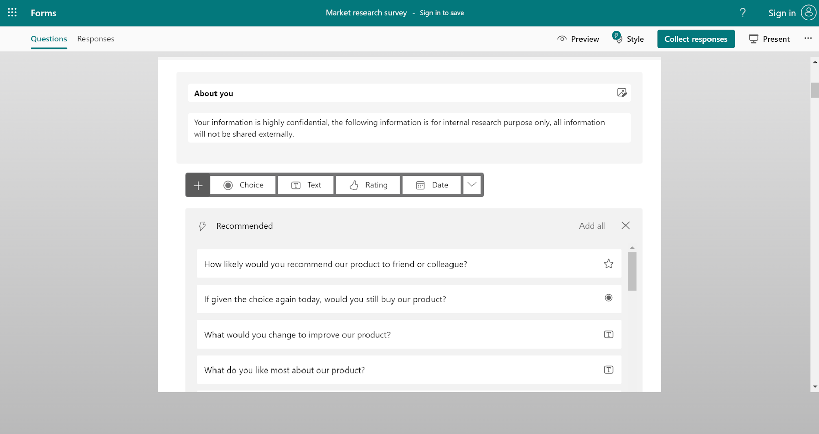 User Interface of Microsoft Forms