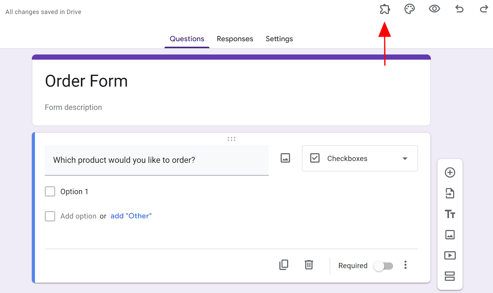 Screenshot of a Google Form with an arrow pointing at the puzzle-piece-shaped "add-ons" button