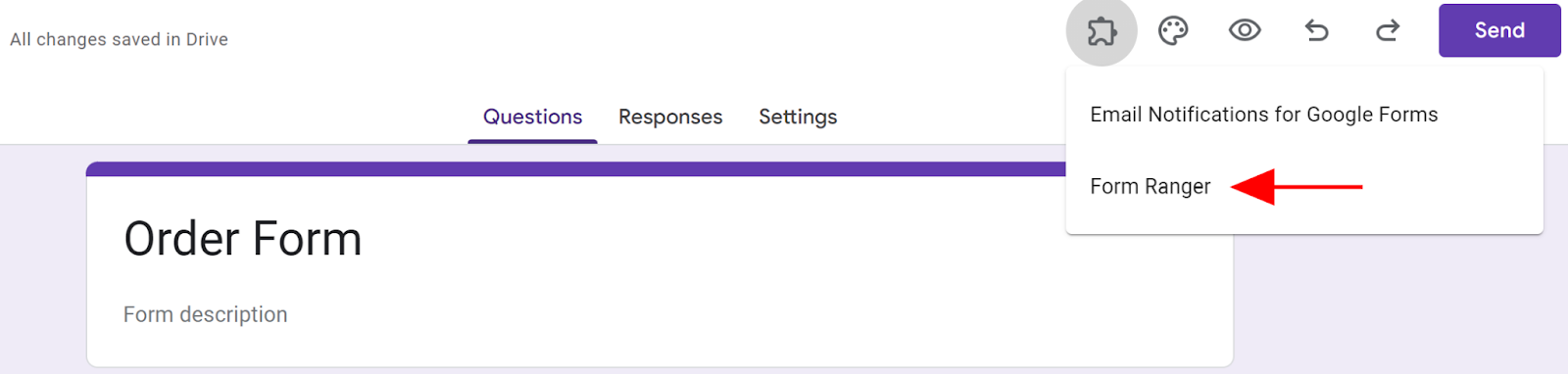 Screenshot of a Google Form with the add-ons menu open and an arrow pointing at the "Form Ranger" option
